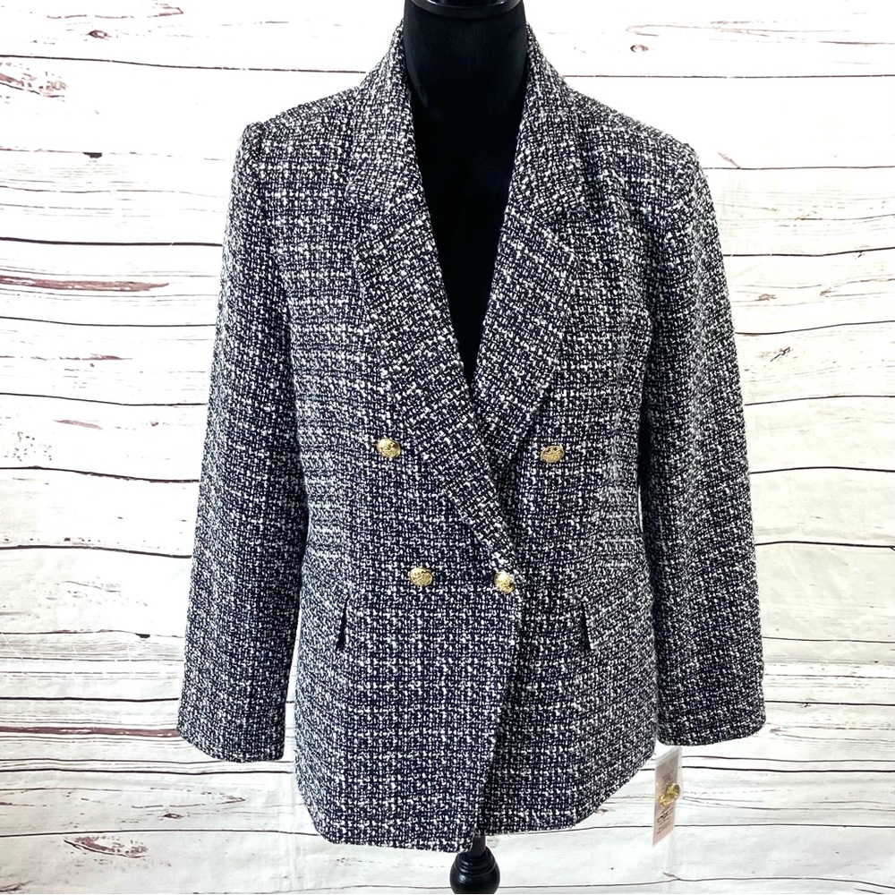 Nanette Lepore Jacket Women’s 12 Black/White Double Breasted Blazer Tweed